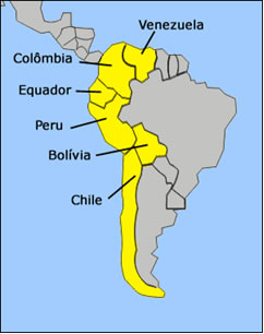 Localização e países integrantes da América Andina